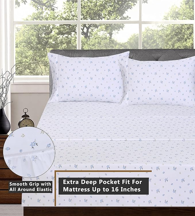 RUVANTI 100% Cotton King Size Sheets Set, 4 Pieces, Soft & Breathable Percale Weave Bedding, Deep Pocket 16", Hotel Standard, Crisp Cool Feel, Durable, Perfect Floral Bed Sheet, Phulkari