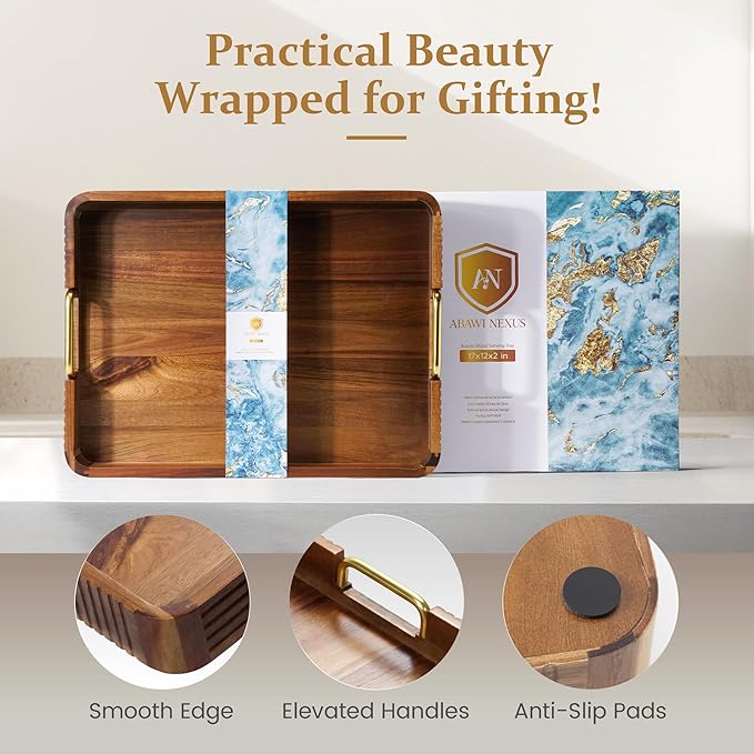 Acacia Wood Serving Tray with Metal Handles, 17x13in, Decorative Coffee Table Tray & Ottoman Tray, Anti-Slip Pads, Dark Wood Tray for Breakfast in Bed, Bar Tray, Gift Box