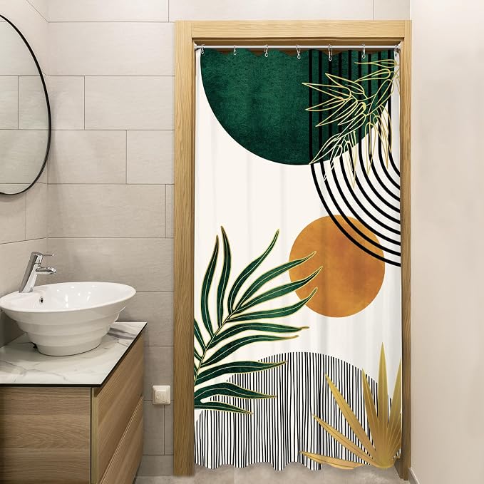 KOMLLEX Small Stall Mid Century Green Boho Shower Curtain 36Wx72L Inches Rv Half Abstract Modern Shower Curtains for Bathroom Minimalist Leaf Arch Sun Fabric Liner Waterproof Polyester 7 Pack Hooks