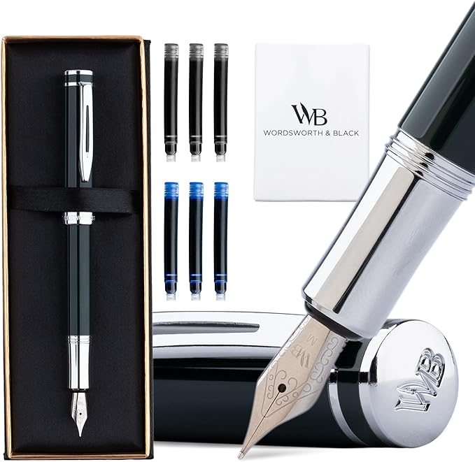 Wordsworth and Black Fountain Pen Mini EDC: Luxury Green Heavy Pocket Pen, Chrome Finish, Medium Nib, 6 Ink Cartridges, Ink Converter, Travel Refillable Writing Pen Gift Set, Men & Women