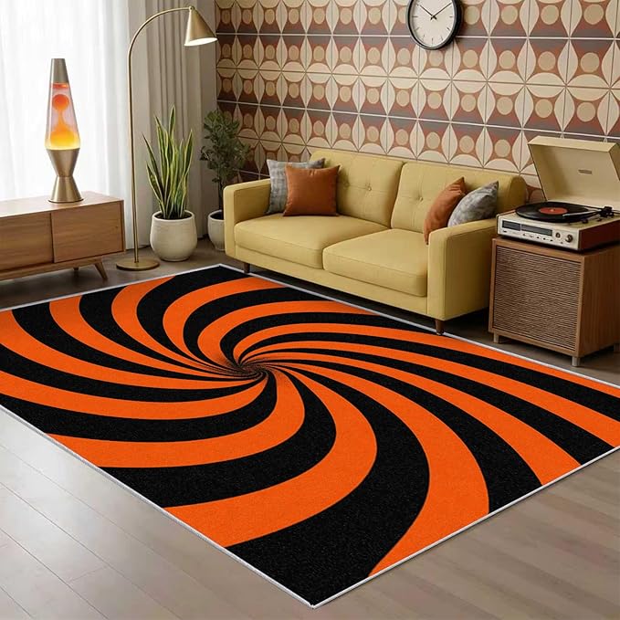 70s Rug 6x9 Swirl Abstract Black Orange Striped Pattern Area Rugs for Living Room, Bedroom, 70s Home Decor Accessories Indoor Carpet, Non Slip & Machine Washable, GD0379