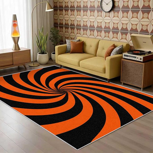 70s Rug 6x9 Swirl Abstract Black Orange Striped Pattern Area Rugs for Living Room, Bedroom, 70s Home Decor Accessories Indoor Carpet, Non Slip & Machine Washable, GD0379