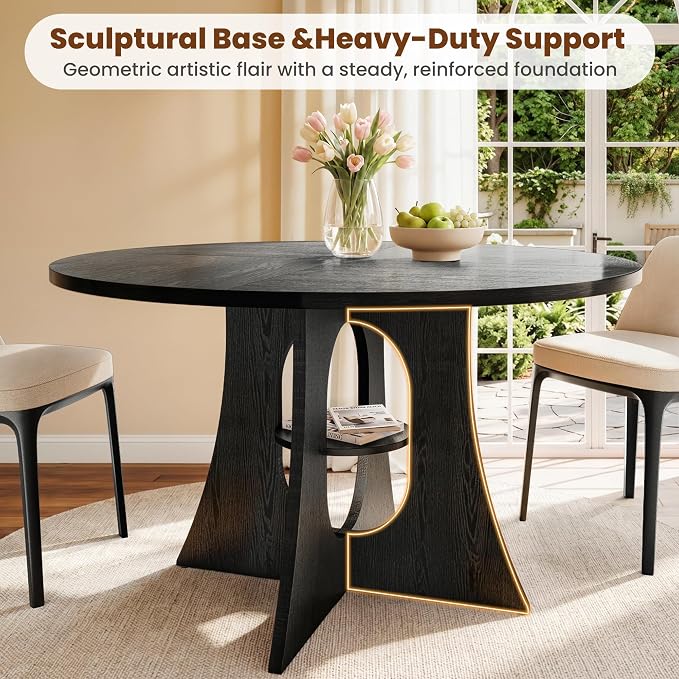 47" Round Dining Table for 4-6, Space-Saving Dining Room Table with Thick Tabletop and Sculptural Base, Wood Grain Dinner Table with Storage Shelf for Kitchen, Dining Room, Living Room, Black