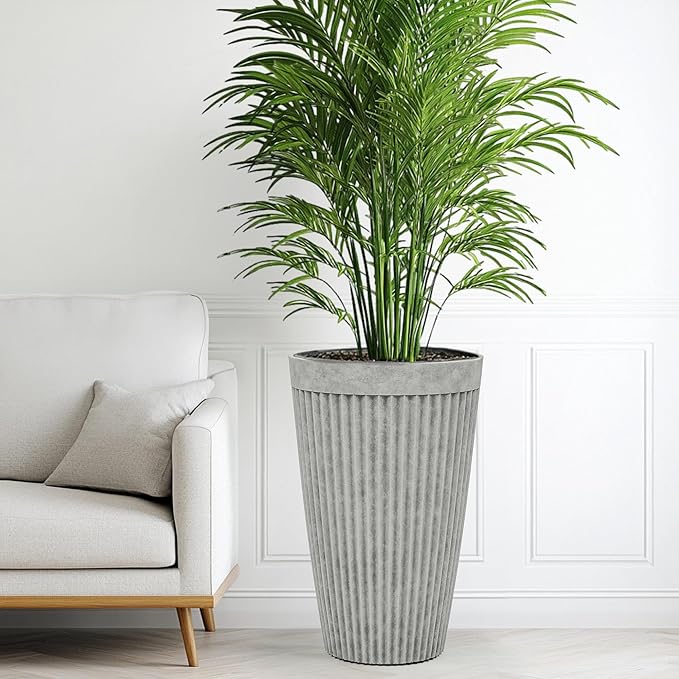 20" Vintage Resin Planters for Outdoor Plants, Gray Flower Pots with Handmade Fluted Texture, Weatherproof for Year-Round Indoor/Outdoor Use