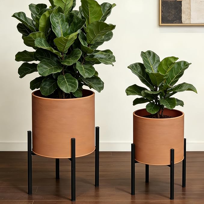 ARNIS Modern Plant Pots, Large Planters with Stand, Set of 2 Decorative Planters, Metal Pots with Drainage Holes for Living Room, Office, Garden or Balcony, 10.5 &12.25 Inch, Terracotta