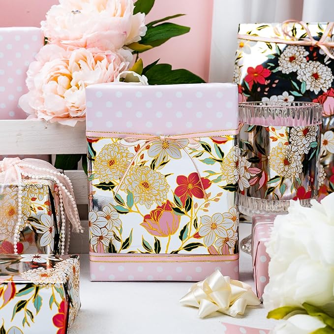 Yarcony Reversible Floral Wrapping Paper Roll, Bridal Shower Wrapping Paper, Colorful Flower Gift Wrap with Metallic Foil Shine for Birthday, Wedding, Mother's Day, Valentine's Day(17 Inch X 33 Feet)