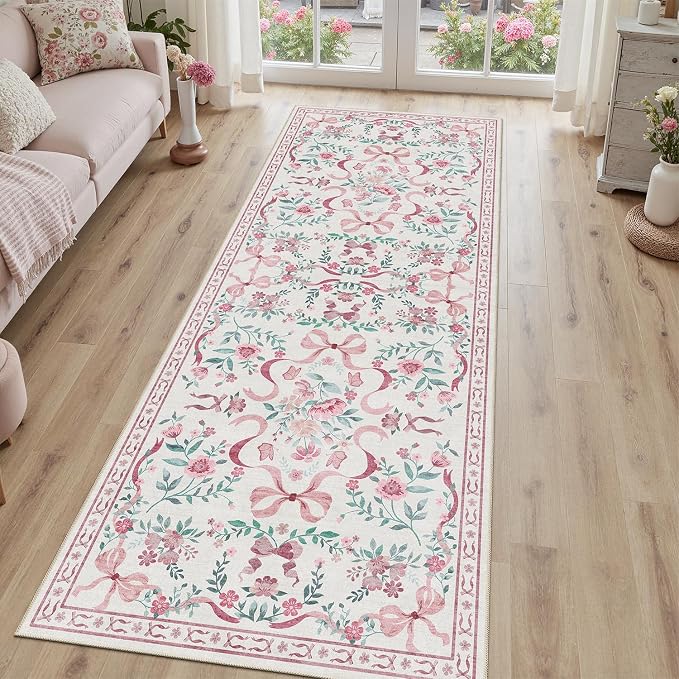 DCX Pink 2x6 Runner Rug, Machine Washable with Non Slip Backing Vintage Floral Hallway Bow Rug Soft Low Pile Stain Resistant, Kitchen, Bathroom, Front Door