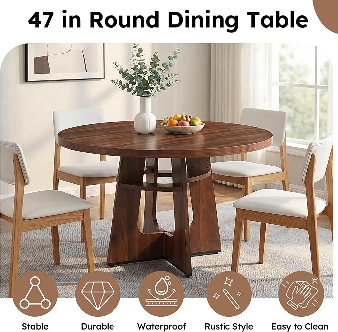 47" Round Dining Table for 4-6 Walnut, Farmhouse Wood Circle Dinner Table, Dark Brown Wooden Circular Dinner Tables Easy Assembly for Dining Room/Kitchen/Living Room/Apartment (Table Only)