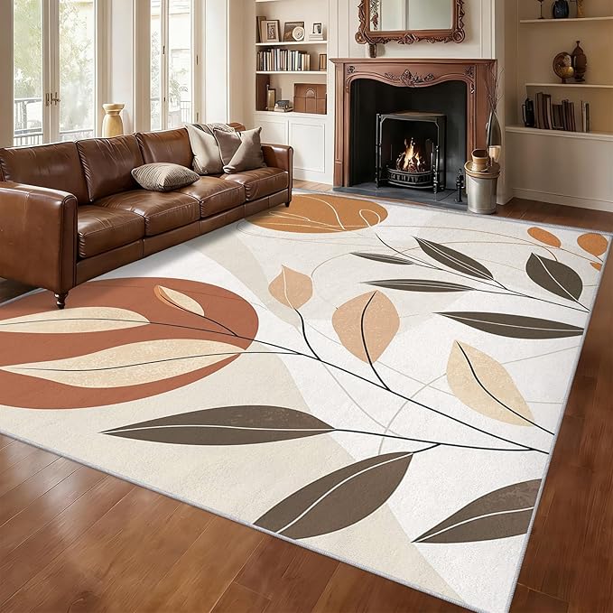 6x9 Abstract Leaves Rugs for Bedroom Decor, Washable Mid Century Modern Pattern Area Rug, Living Room Home Decoration, Non Slip Soft Thin, Modern Botanical Decor Carpet PF-P 117