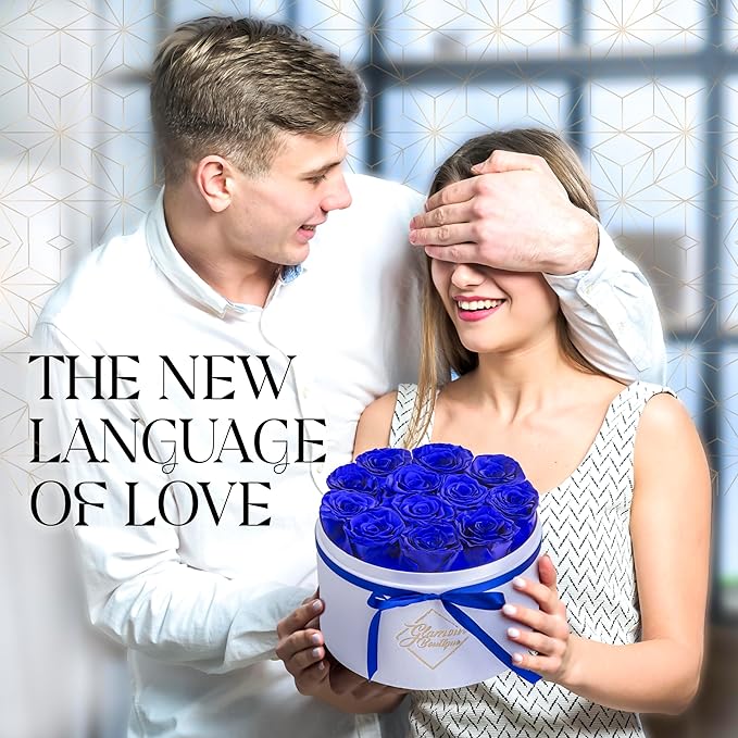 GLAMOUR BOUTIQUE Flower Forever Gift Box 12 Real Preserved Roses in Round Velvet White Box, Handmade, Rose Petals, Birthday, Marriage, Anniversary, Graduation - Blue