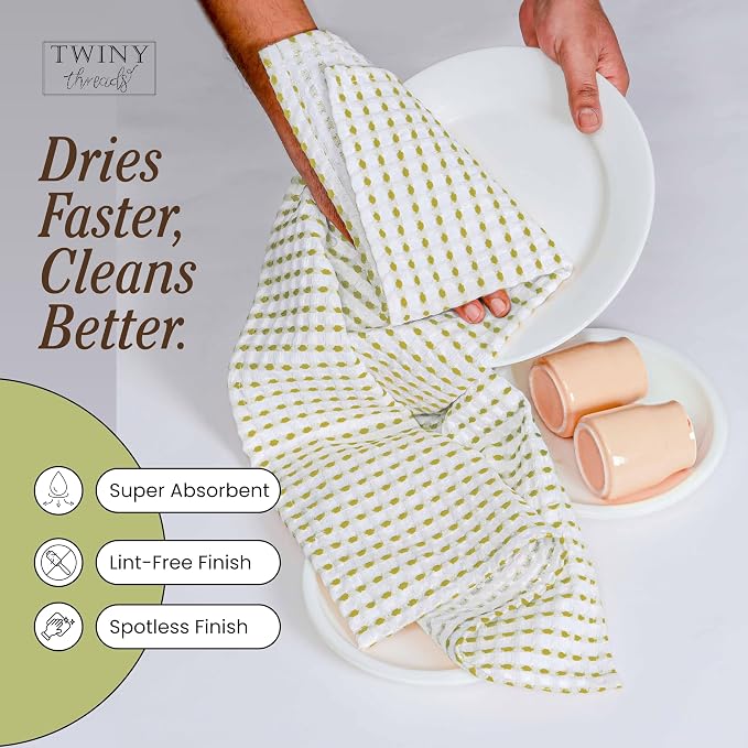 TWINY threads Waffle Kitchen Towels Set of 4, 16x26 Inches, 100% Cotton Waffle Weave Dish Cloth Pack, Super Absorbent & Fast Dry Tea Towels for Drying and Cleaning, Lemon Green, White