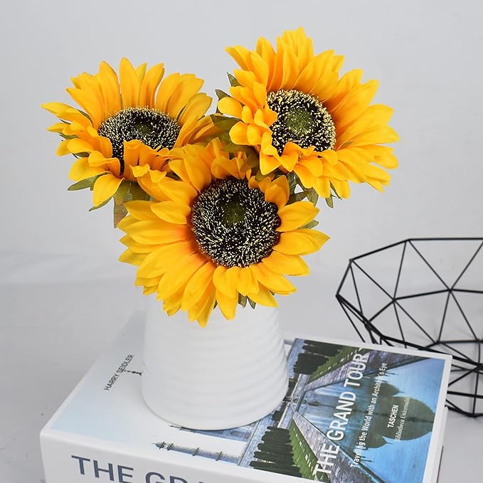 8pcs Artificial Sunflower Flowers Long Stem Large Silk Sunflowers Bridal Wedding Bouquet Fake Yellow Flower Arrangements for Outdoor