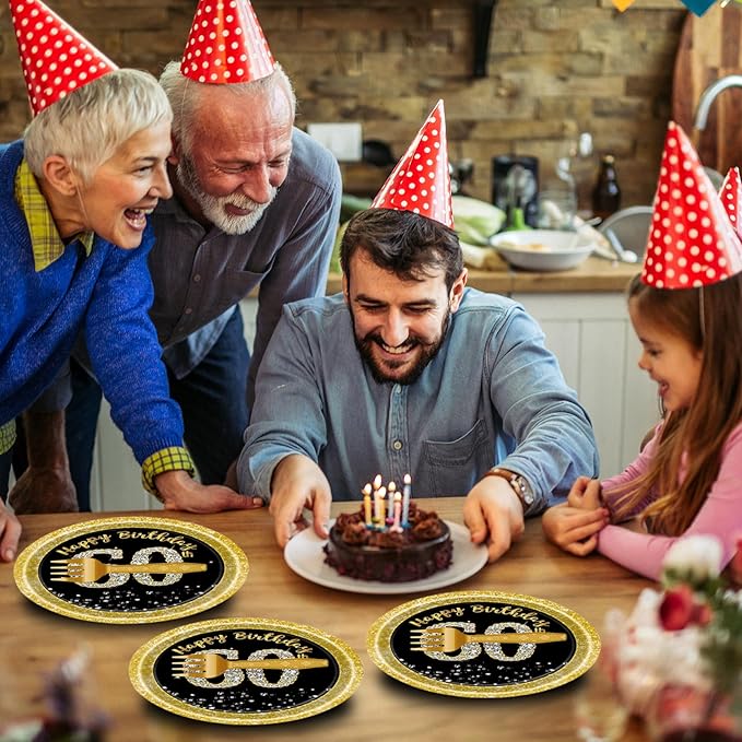 72 Pcs 60th Birthday Paper Plates and Napkins Party Supplies, Back Gold 60th Birthday Party Plates and Napkins Tableware Set for Men Women Cheers to 60 Years Decorations Serves 24