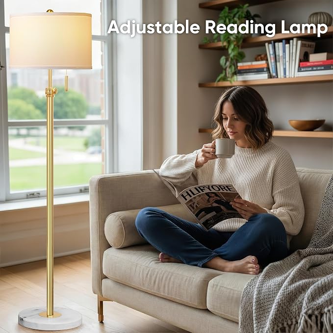 PARTPHONER Floor Lamp for Living Room, 66'' Adjustable Height Standing Lamp with Marble Base, 3-Color Tall Lamps with Pull Chain, Suitable for Bedroom, Reading, Office (Bulb Included, White Shade)