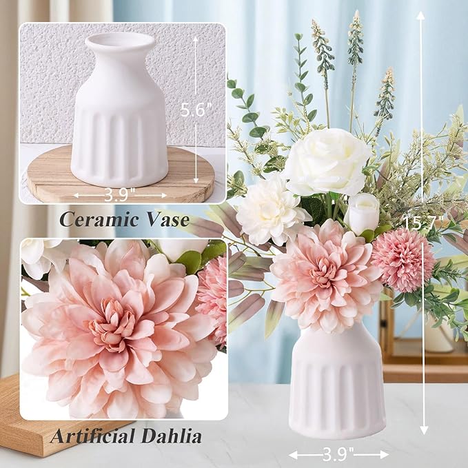 Fake Flowers in Vase, Artificial Flowers with Vase, 15.7'' Floral Arrangements for Dining Table Centerpiece Decor, Silk Roses & Faux Dahlia Bouquet for Farmfouse Kitchen Coffee Table Decor (Pink)