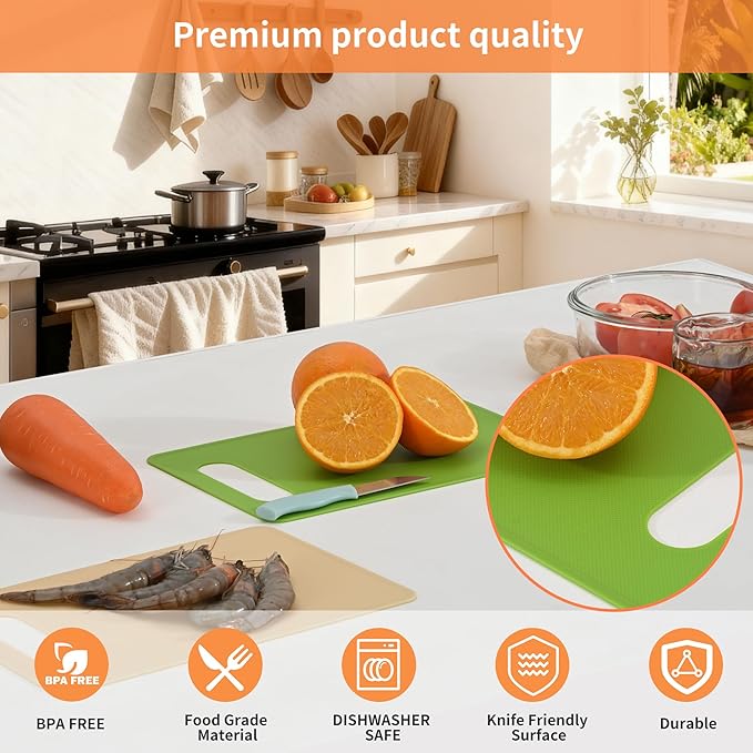 Kitchen Cutting Board Set of 6, Plastic Cutting Boards with Easy Grip Handle for Kitchen Cooking, Non Slip Cutting Mat Pad for Meat, Fruit, Vegetables, 12 Inch by 8 Inch