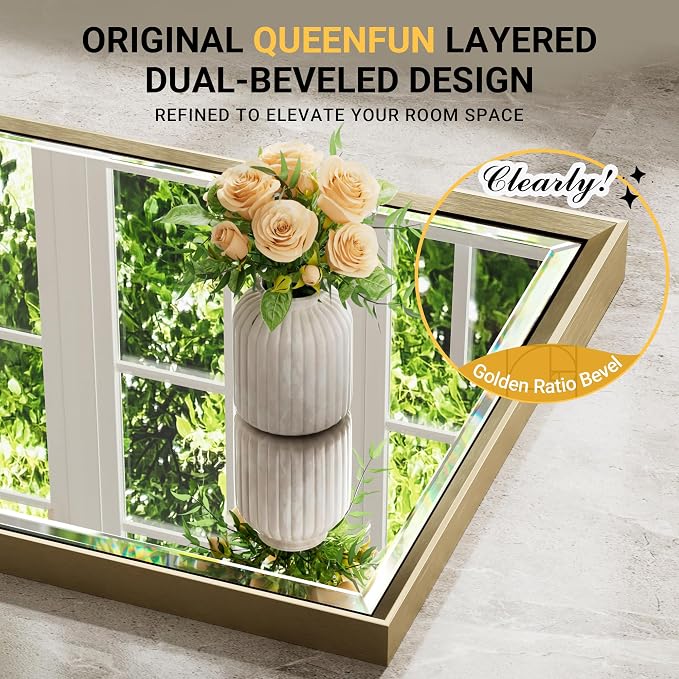 48 x 36 Gold Bathroom Mirror, Brushed Gold Beveled Bathroom Mirror, Shatterproof Large Gold Frame Rectangle Mirror, Brushed Brass Gold Framed Vanity Mirror Vertical/Horizontal Wall-Mounted