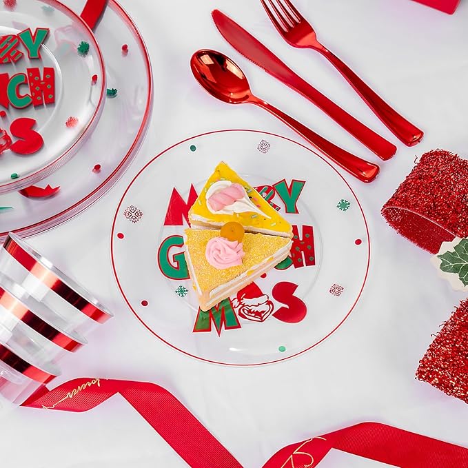 DaYammi 210Pcs Clear Green Monster Plastic Plates Disposable Christmas Dinnerware Set Include 30 Dinner Plates,30 Dessert Platos,30 Forks,30 Knives,30 Spoons,30 Cups,30 Napkins for Christmas Party