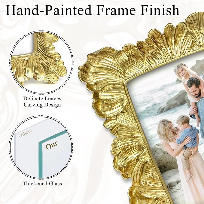 3.5x5 Vintage Picture Frame Gold, Ornate Leaves Photo Frame with Glass Front, Elegant Picture Frame for Wall or Tabletop Display, Gift ldeas for Home Decor
