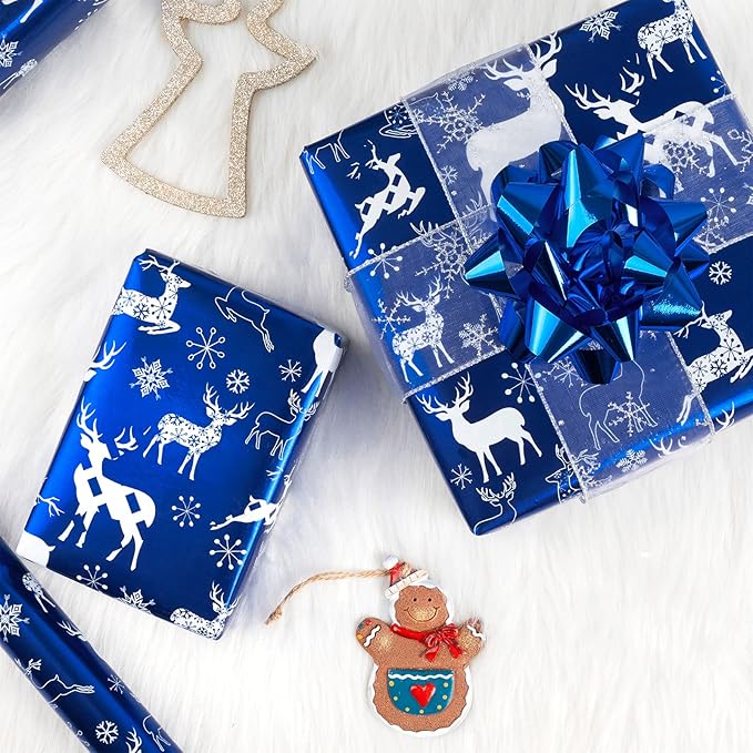 MAYPLUSS Christmas Wrapping Paper Roll - Mini Roll - 17.3 Inch X 32.8 Feet - Christmas Blue Elk Design (47.3 sq.ft.ttl)