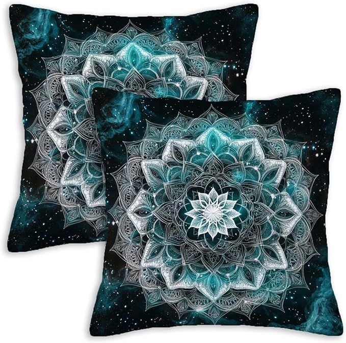 Mandala Throw Pillow Covers 18x18 Set of 2 | Geometric Flower Square Pillow Cases for Bed Room and Living Room Decor, Boho Floral Cushion Cases for Sofa and Chair