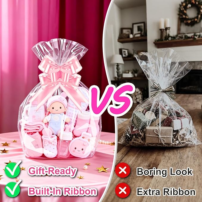 PigPotParty 16"x24" Clear Cellophane Gift Bags - Includes Pink Bows – 10 Pack Cellophane Wrap for Gift Baskets, Plastic Gifts Bags for Girl's Birthday, Baby Shower, Wedding, and Bridal Shower