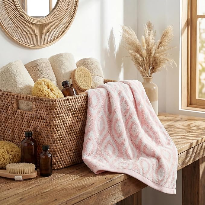 Artoid Mode 2 Pcs Beige Pink Diamond Grid Jacquard Hand Towels for Bathroom, 100% Cotton Soft Absorbent Bathroom Decor Towels, 13.7 x 29.5 Inch