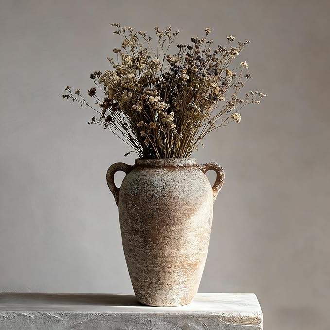 Ceramic Flower Vase with Handles Home Decor - 9 Inch Farmhouse Rustic Table Vases Living Room Decoration Decorative Vintage Pottery for Kitchen Shelf Dining Bookshelf Fireplace Centerpiece (Rustic-9")