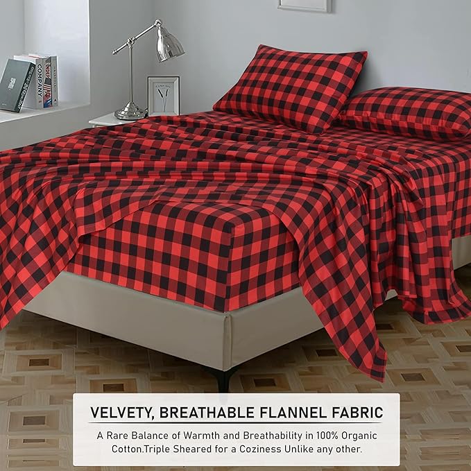 RUVANTI Flannel Sheets Queen Size - 100% Cotton Double Brushed Bed Sheets, Deep Pockets 16 Inches Queen Sheet Set, All Seasons Breathable & Extra Soft - Warm & Cozy, 4 Piece, Red & Black Plaid