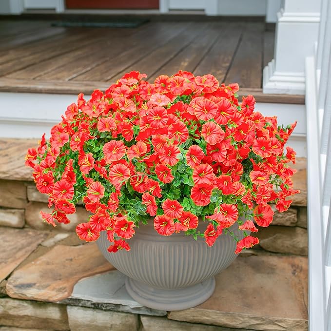 Artificial Flowers Fake Plants for Outdoors Spring Summer Decor, 12 Bundles Orange Silk Morning Glory with Eucalyptus Look Real UV Resistant Faux Flowers for Outside Planters Front Door Yard Indoor