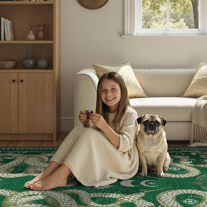 DCX Washable 9x12 Snake Rug, Green Gothic Rug for Living Room, Soft Low Pile Carpet, Kid & Pet Friendly with Rubber Back Non Slip, Stain Resistant Rug for Bedroom Dining Room Office
