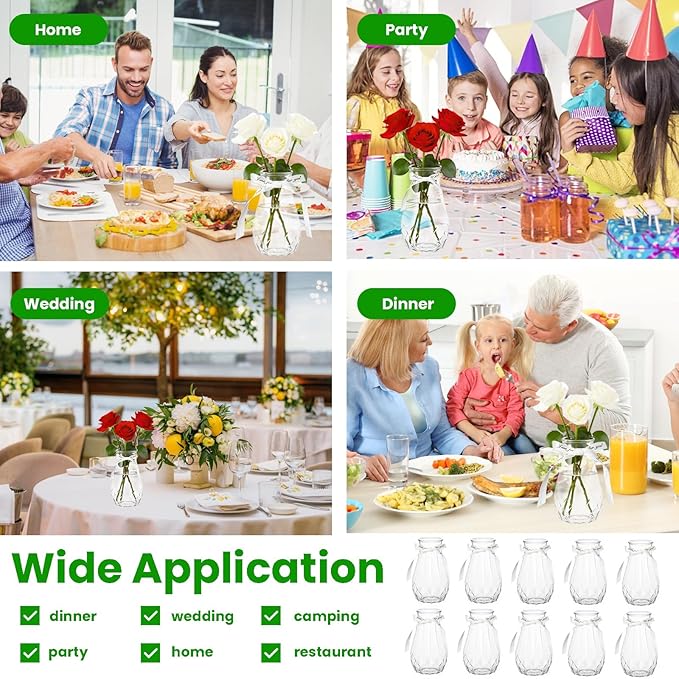 20 Pack Plastic Vases, 6 Inch Bulk Clear Acrylic Vase with Wrapping Ribbon, Small Plastic Vases for Centerpiece Flowers Home Wedding Party Decorations