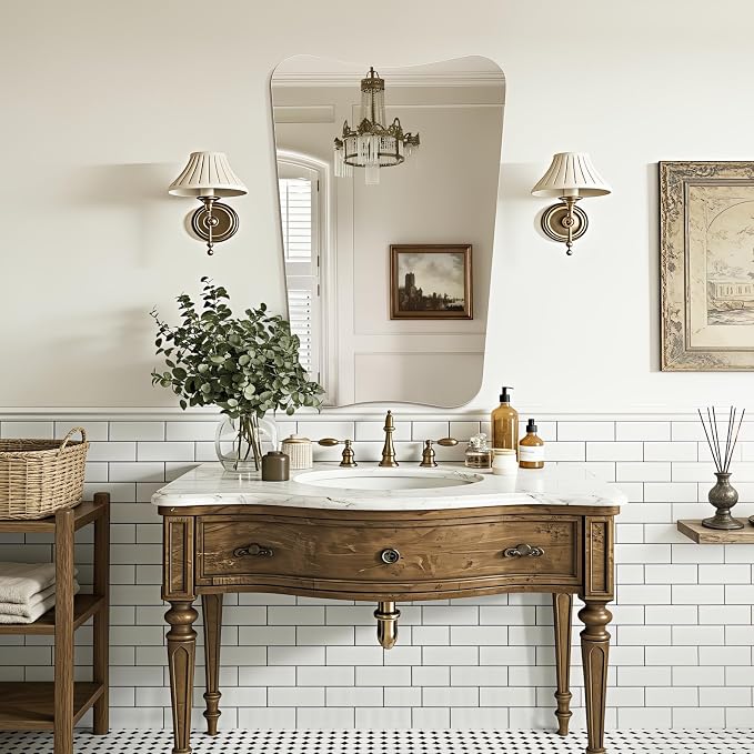 Niccy Irregular Mirror, 24"x36" Asymmetrical Bathroom Mirror, Decorative Modern Mirrors for Bathroom, Bedroom, Living Room, Entryway, Frameless Vanity Mirror, Unique Wall Mounted