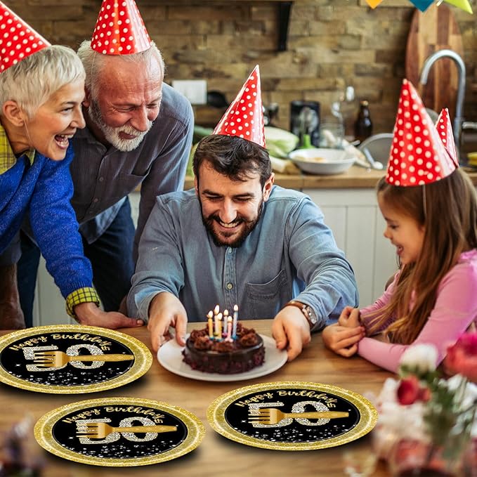 72 Pcs 50th Birthday Paper Plates and Napkins Party Supplies, Back Gold 50th Birthday Party Plates and Napkins Tableware Set for Men Women Cheers to 50 Years Decorations Serves 24