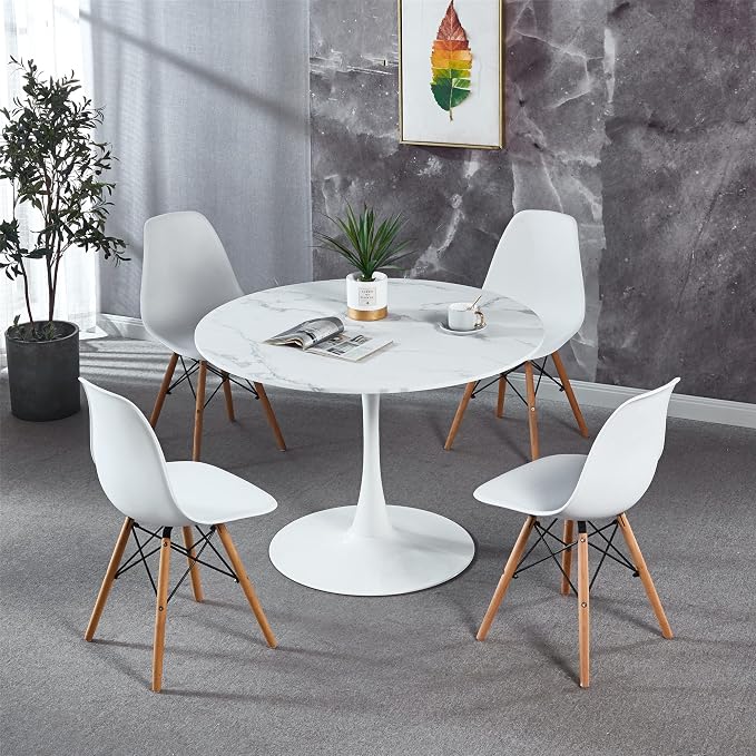 5-Piece Round Dining Table Set,42" Mid-Century Modern Kitchen Table with 4 Chairs,Tulip Pedestal Table & Solid Wood Legs,Space Saving Compact Furniture for Small Spaces Apartment Home,White/Marble