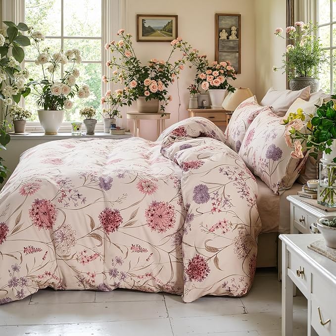 Bedding_Dreamer Queen Floral Comforter Set 100% Cotton Comforter 3 Pcs Red Pink Flower Bedding Set Lightweight Soft Reversible Bedding for All Season