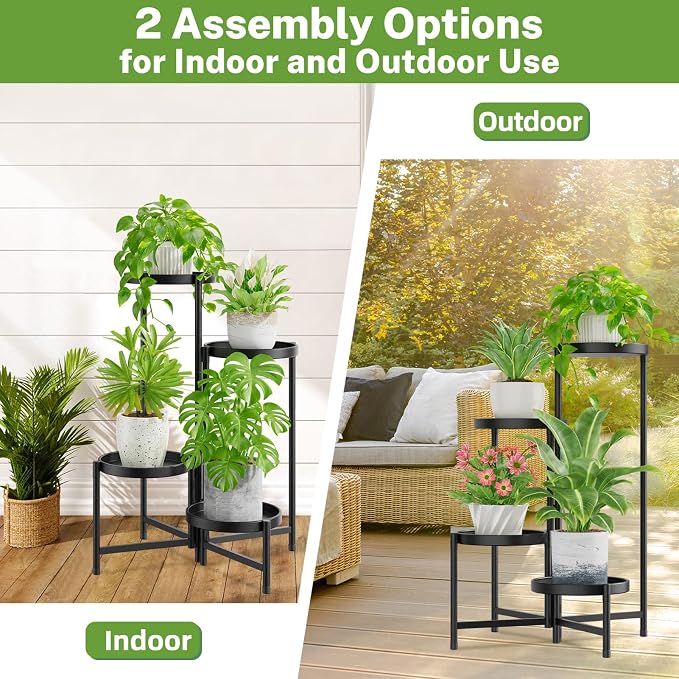 iDavosic.ly 4 Tier Large Plant Stand Indoor with 10 Inch Wide Tray, Tiered Corner Metal Outdoor Flower Display Holder Shelf, Folding Tall Rack for Patio Porch Living Room, Modern Black