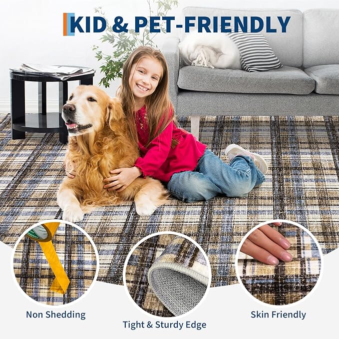 Washable Rugs 2x8 Runner Rug Modern Plaid Bathroom Rugs Non Slip Kitchen Runner Low Pile Entryway Rug Soft Runners Stain Resistant Carpet for Laundry Hallway Bedside 2'x8' Blue&Camel