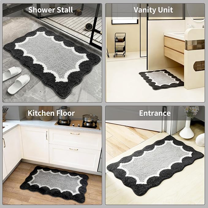 Scalloped Black Bathroom Rugs Mat,Non Slip Absorbent Quick Dry Bath Mats for Shower Room,Plush Microfiber Bath Mats for Bathroom Floor Washable Carpet for Shower Tub Sink Bedroom,20"x32"