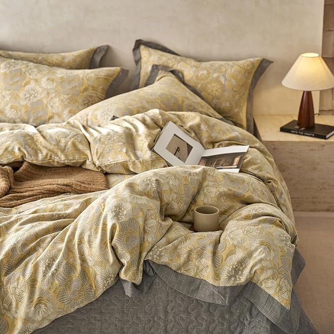mixinni Duvet Cover Queen, Premium Cotton Double-Layer Yarn Golden Floral Jacquard Reversible Grey Comforter Cover with Edge Design, Farmhouse Bedding Set with 2 Pillowcases Perfect for Him and Her