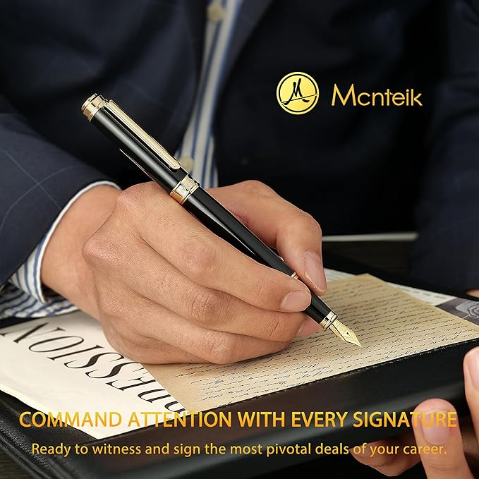 MCNTEIK 317 Fountain Pen,Stunning Luxury Piano Lacquer,18K Gilded Nib(Medium),Gorgeous 24K Gold Finish, Ink Converter,Trustworthy Gift for Men&Women-Elegant,Executive,Nice Pens for Writing, BK-M