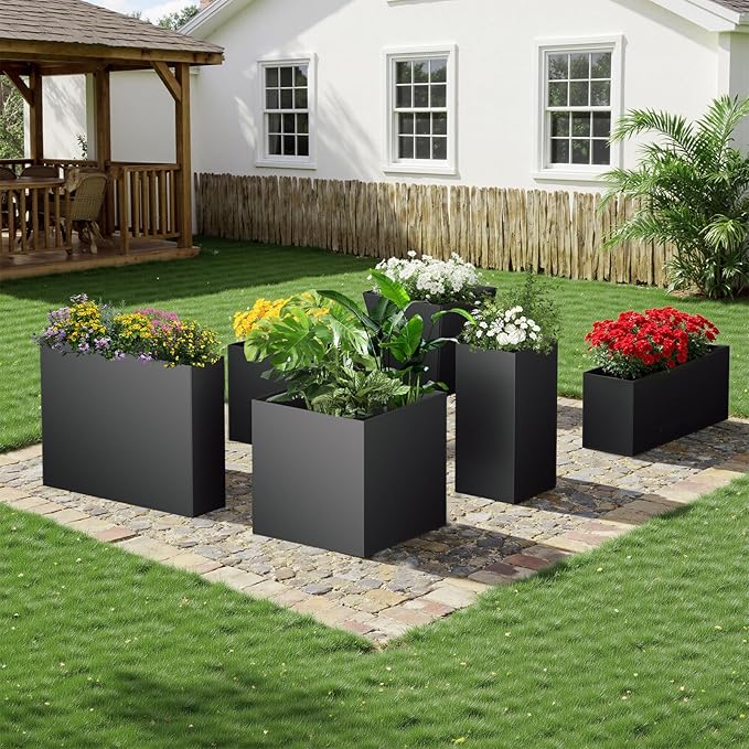 Metal Planter Box, 26" x 26"x 26", Heavy-Duty Galvanized Steel Outdoor Planter with Drainage Holes, Rectangular Planter for porches, Gardens, patios, and courtyards，Black