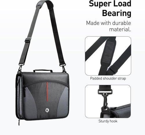 Skiennix 3-Inch O-Ring Zipper Binder - Expanding Files & Multiple Pockets | Jet Black with Shoulder Strap