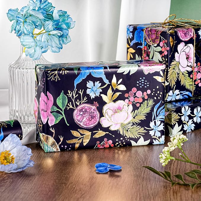 WRAPAHOLIC Floral Wrapping Paper Roll - Mini Roll - 17 Inch x 16.5 Feet - Elegant Gold Foil Birds and Flower Wrapping Paper Perfect for Wedding, Birthday, Bridal Shower, Tea Party