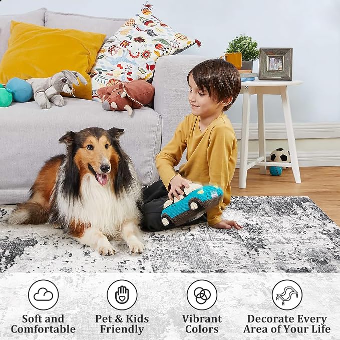 Washable 5x7 Area Rugs for Living Room Low Pile Small Carpet Soft Bedroom Rug Modern Abstract Carpet Non Shedding Thin Colorful Carpets Contemporary Floor Mats for Kitchen Nursery, Brown Green