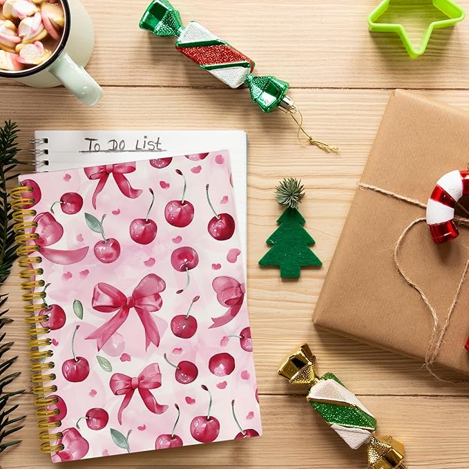 JKMBN Trendy Coquette Pink Bow Cherry Journaling Notebooks, Preppy Spiral Notebook, Cute Notebook Journal for Girls, Pink Office Supplies, Hardcover Spiral Lined Notebook 5.5 x 8.3