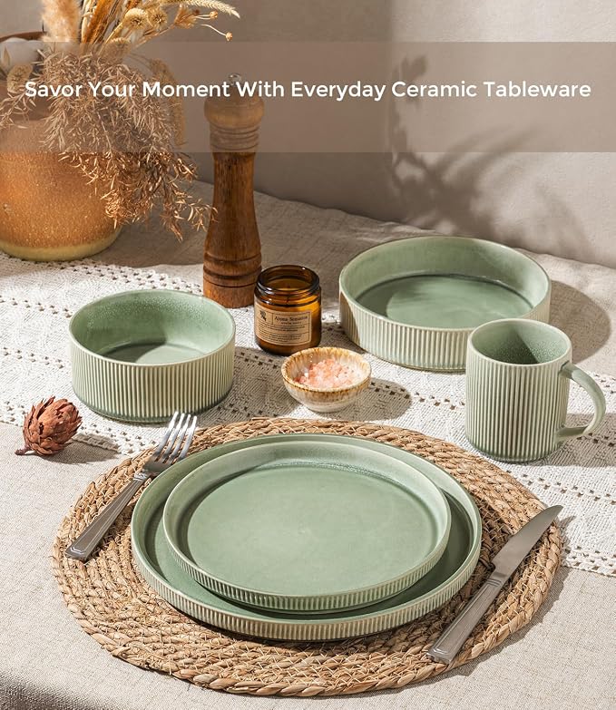 GBHOME 12-Piece Stoneware Dinnerware Set for 4 – Ribbed Ceramic Plates and Bowls, Scratch-Resistant, Microwave & Dishwasher Safe, Reactive Glaze, Light Green