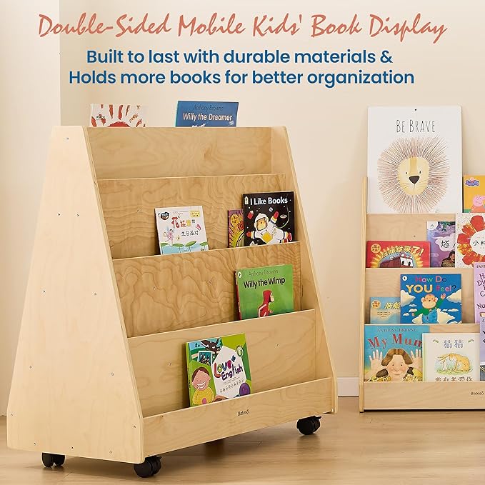 4-Tier Kids Bookshelf, Double-Sided Book Shelf for Kids Rooms, Toddler Book Rack Organizer with Wheels, Wooden Montessori Bookshelf & Book Storage Display for Classroom, Preschool, Nursery