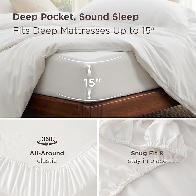 Bedsure Duvet Cover with Fitted Sheet Queen - Warm Deep Pocket, Hotel Luxury Soft Double Brushed Bedding Set with Zipper Closure, 1 Duvet Cover, 1 Fitted Sheet, 2 Pillow Shams, NO Comforter, White