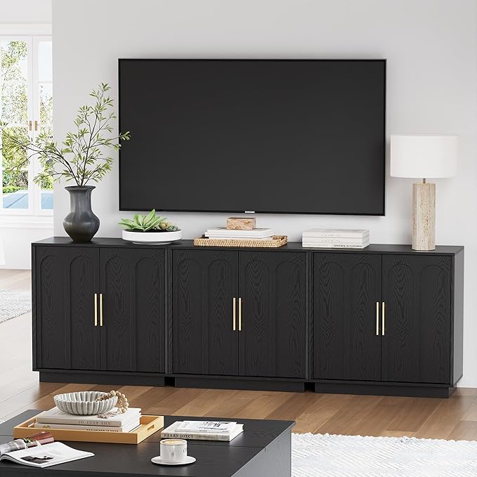 FORTUNETEC Sideboard Buffet Cabinet with Storage Set of 2, Mid Century Modern Accent Cabinet with Arched Doors, Modular Media Console, Credenza for Living Room Kitchen Dining Room Entryway, Black